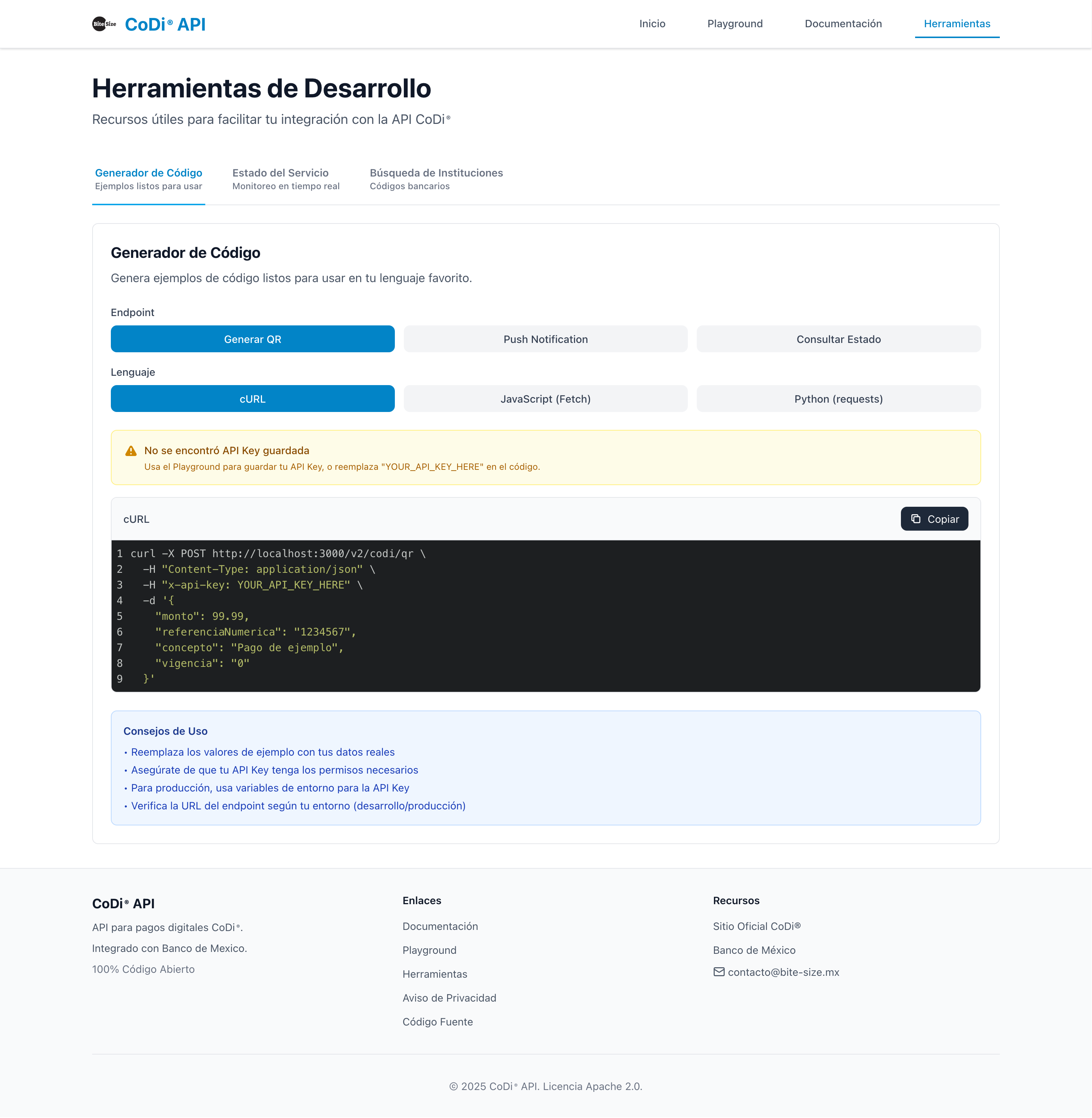 Code Generator Tool showing cURL, JavaScript, and Python examples