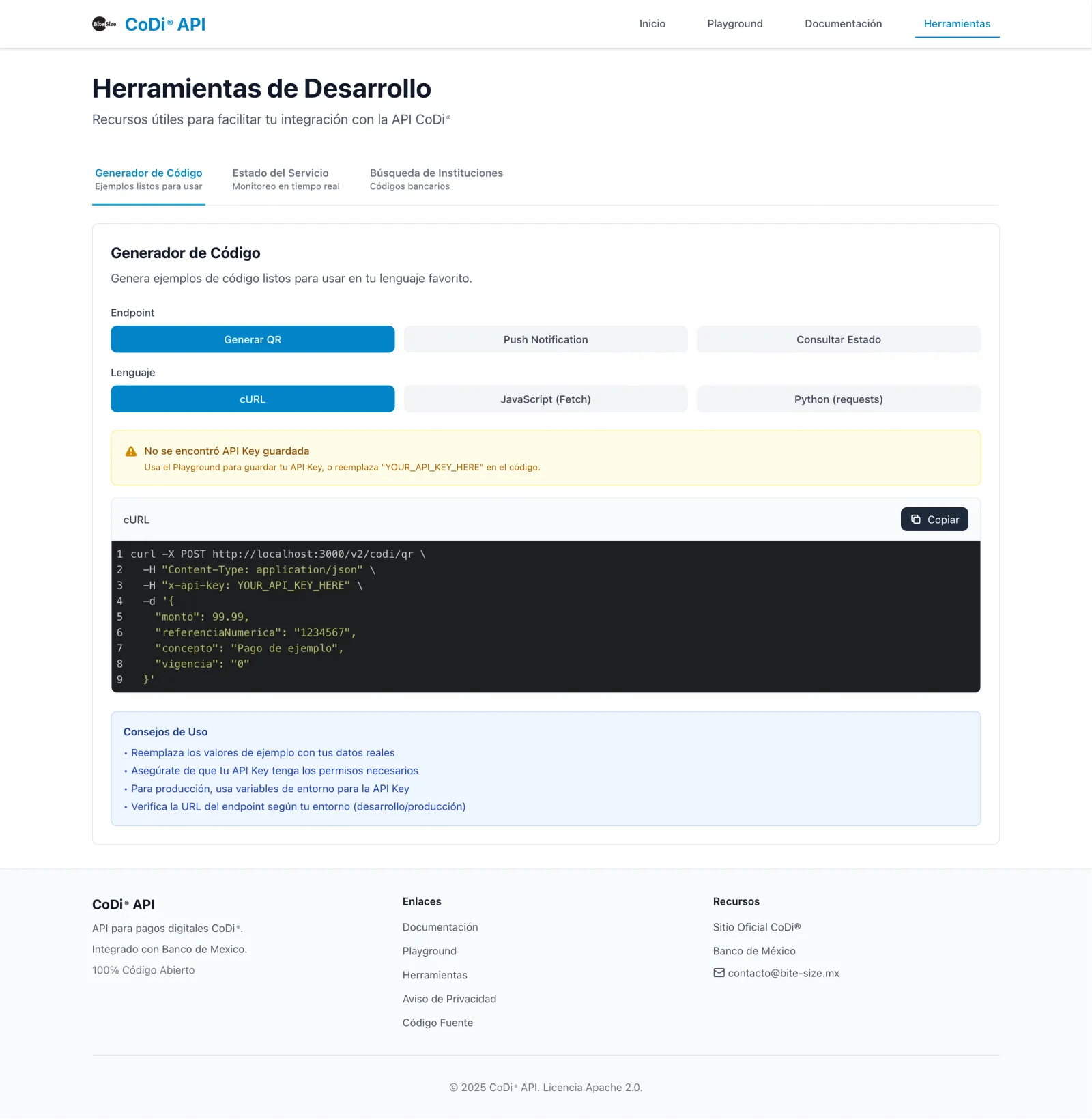Code Generator Tool showing cURL, JavaScript, and Python examples