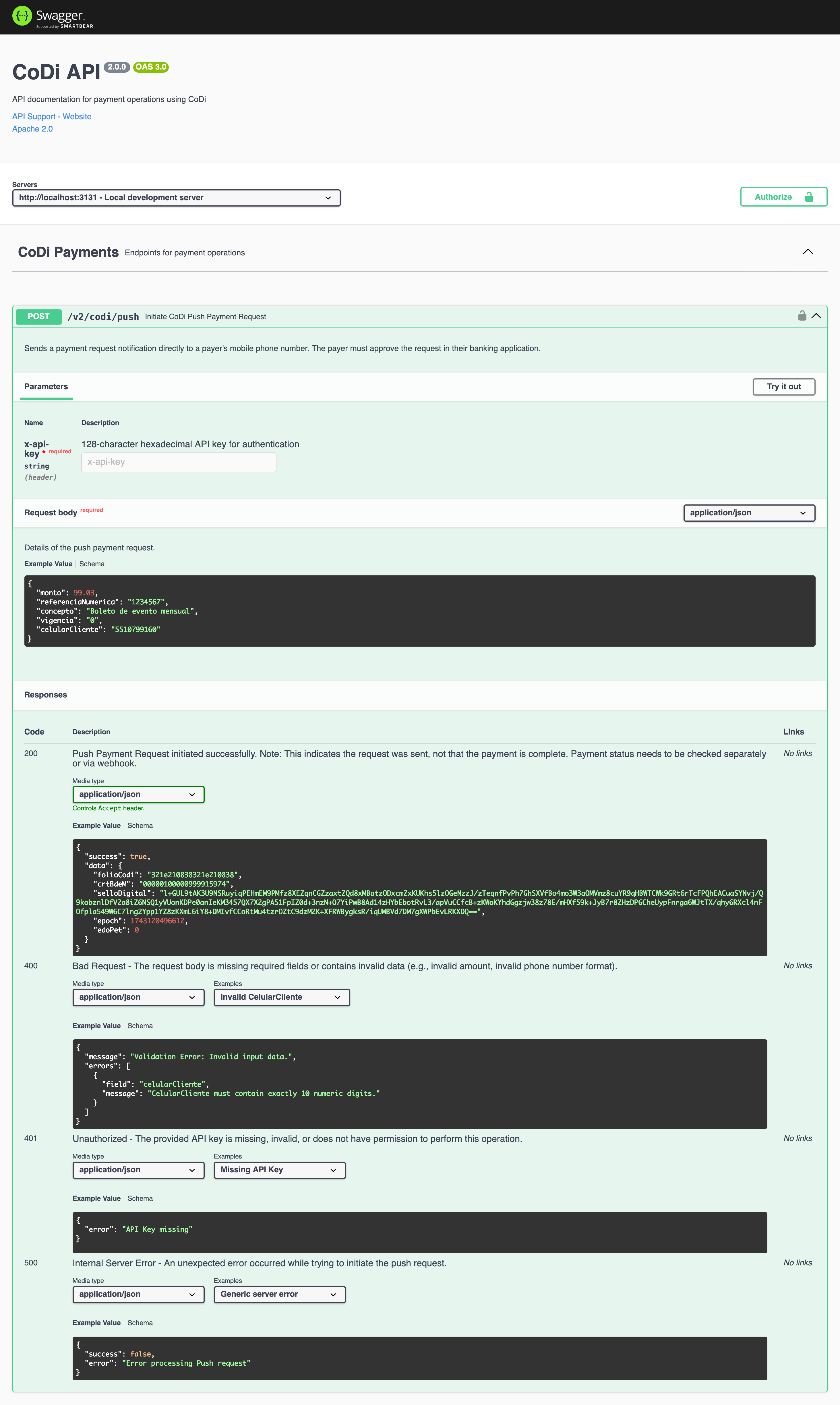 Swagger documentation showing push notification endpoint