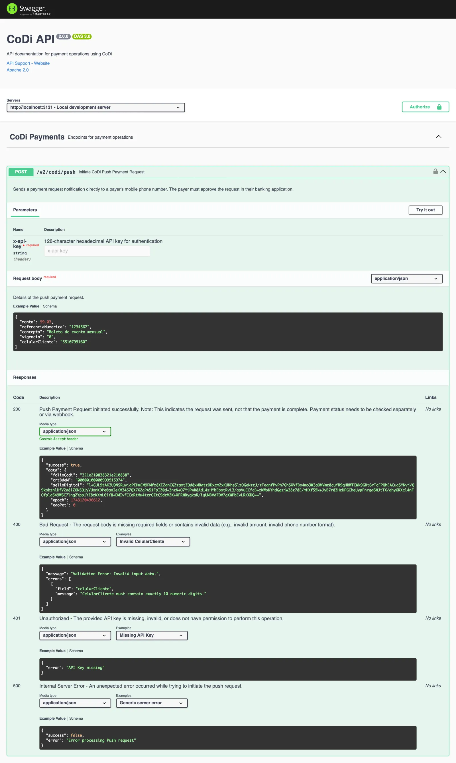 Swagger documentation showing push notification endpoint