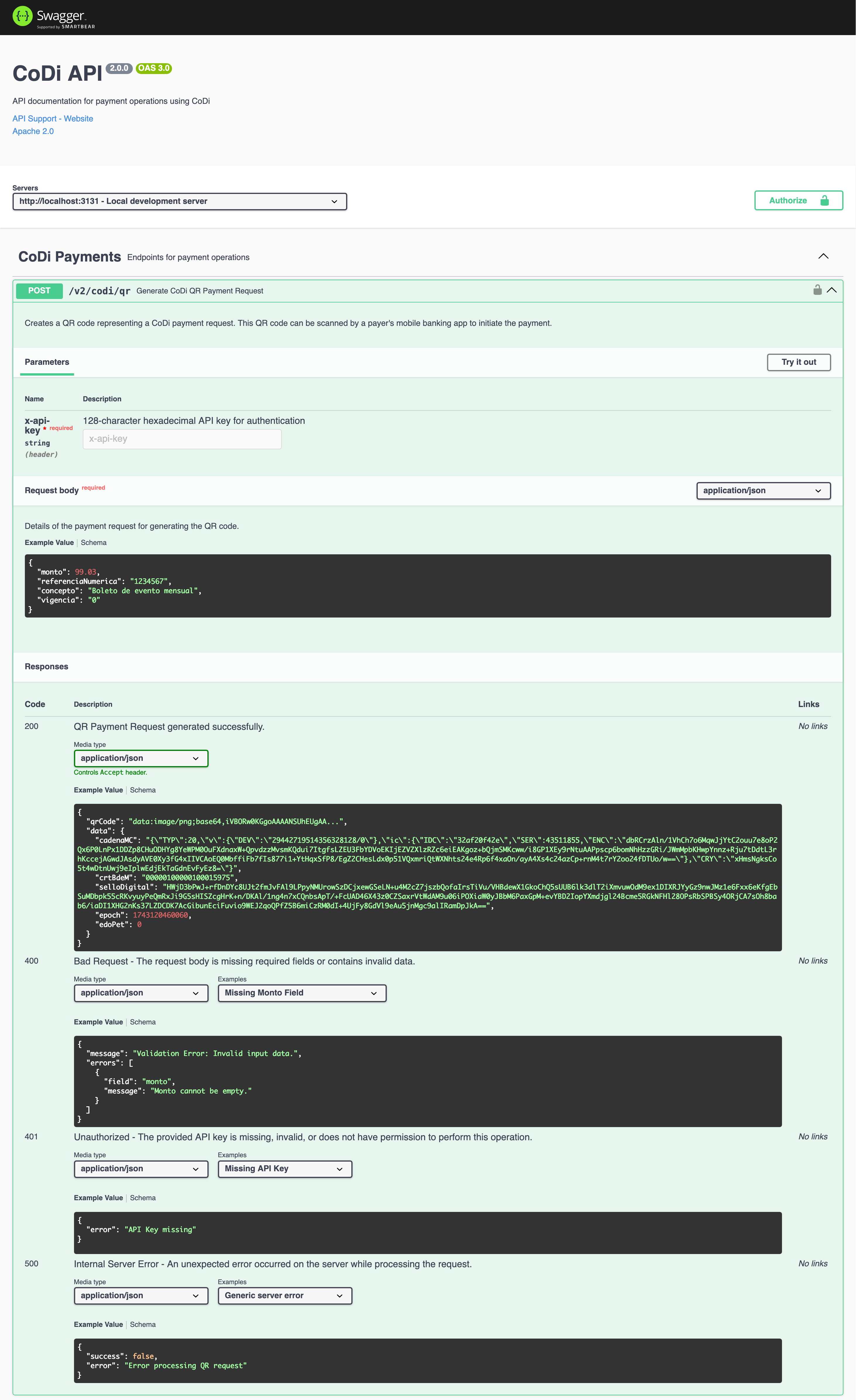 Swagger documentation showing QR code generation endpoint