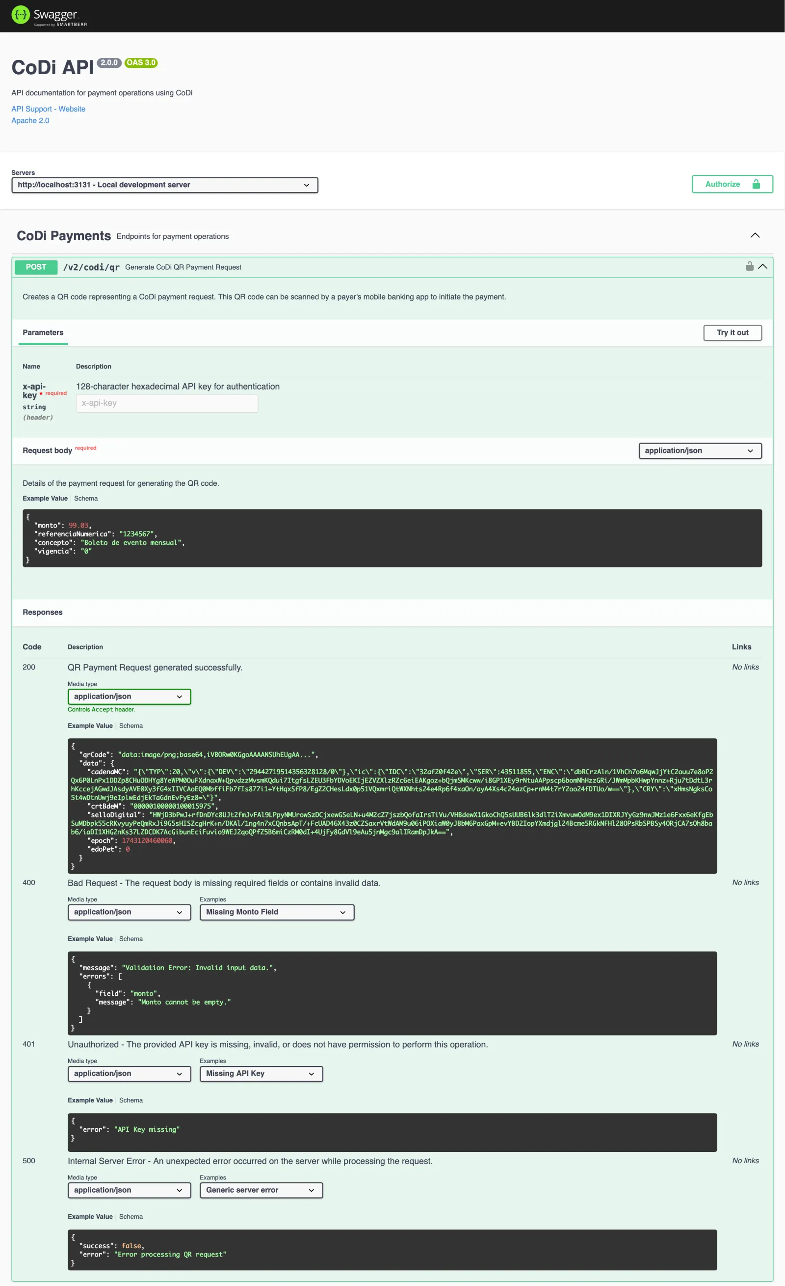 Swagger documentation showing QR code generation endpoint
