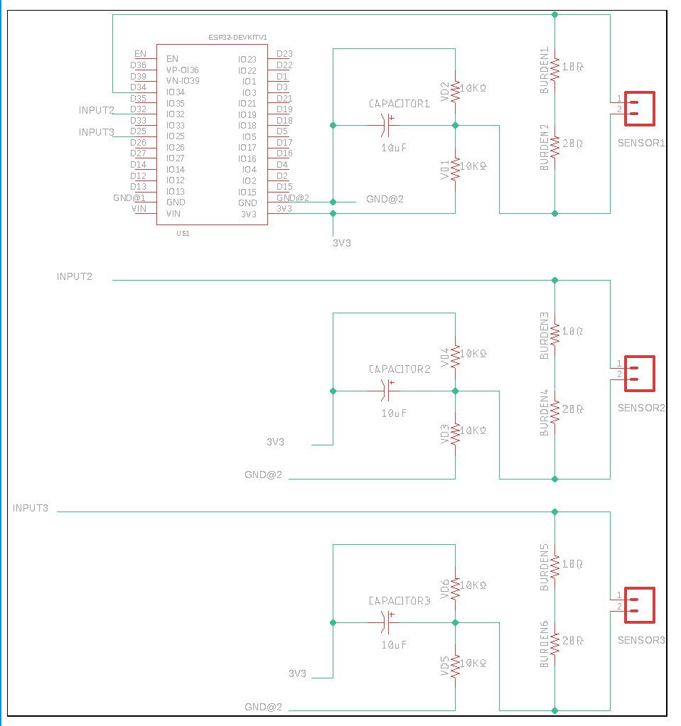 Electrical diagram of the energy monitor using an ESP32 and three SCT-013 current sensors