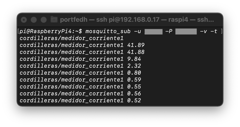 Terminal output, using Mosquitto MQTT and subscribed to sensor1 topic