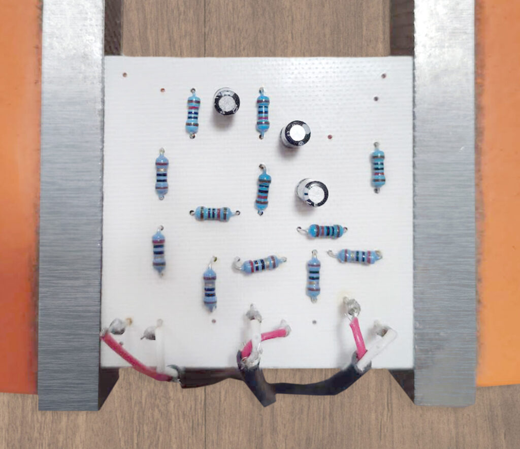 Backside of energy monitor PCB with components ready to solder