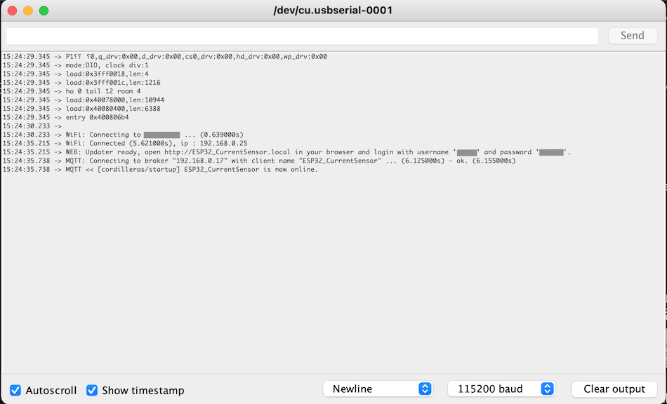 Arduino serial monitor display after uploading the energy monitor code to the ESP32