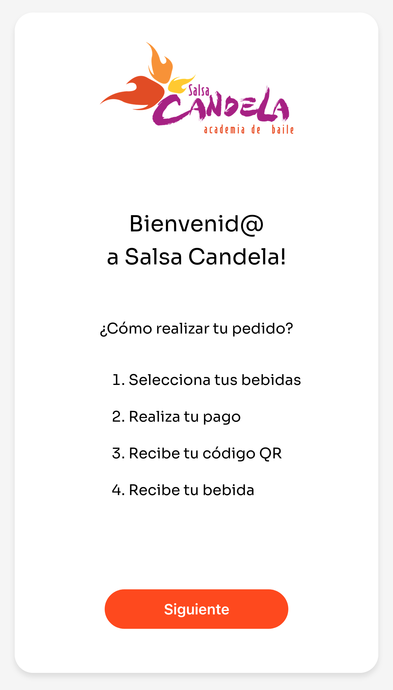 Salsa Candela Bar mobile ordering app showing drink menu and ordering interface