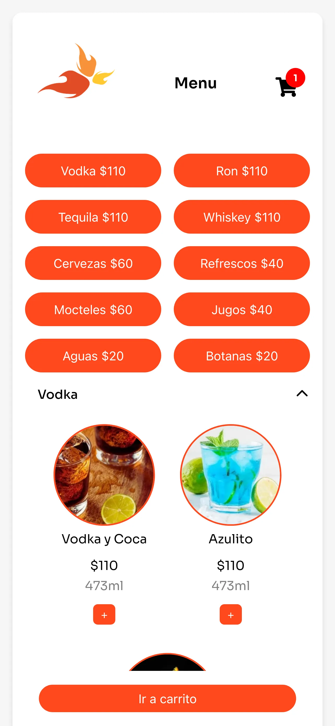 Menú de bebidas móvil mostrando bebidas categorizadas con imágenes y precios