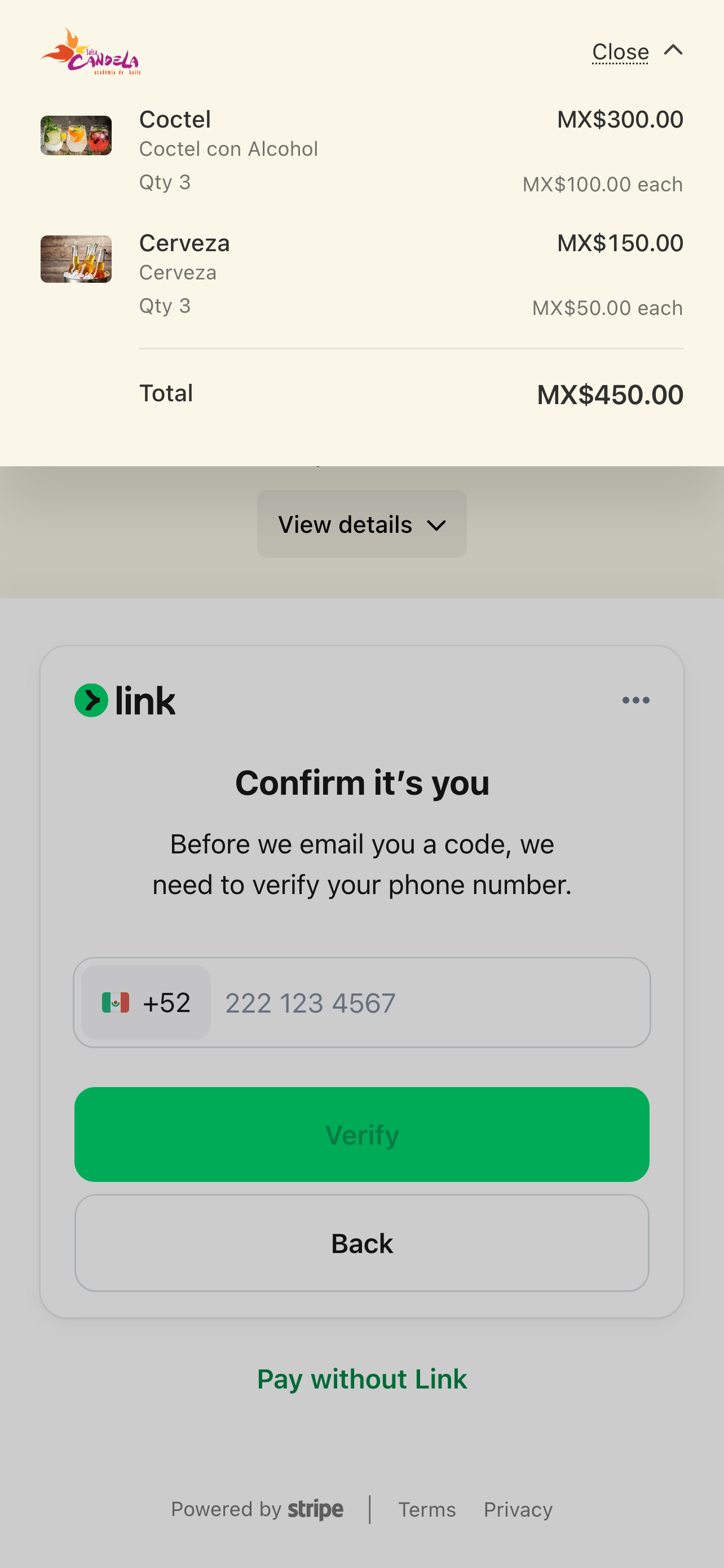 Order flow showing cart with selected drinks and applied promotions before checkout