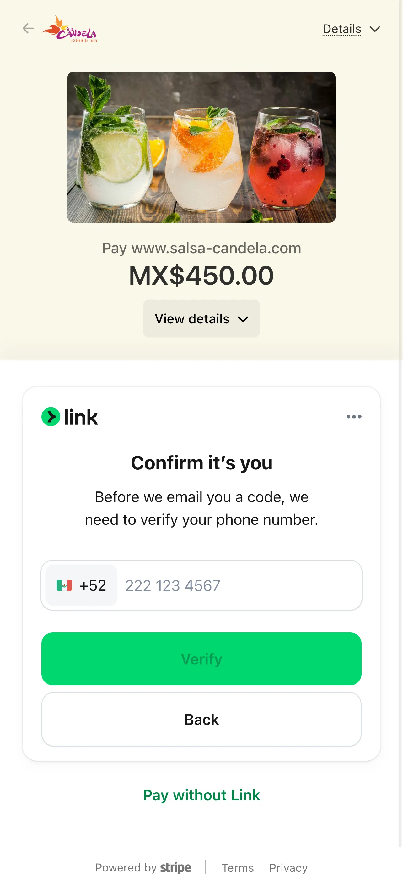 Formulario de pago de Stripe integrado en el flujo de pedidos
