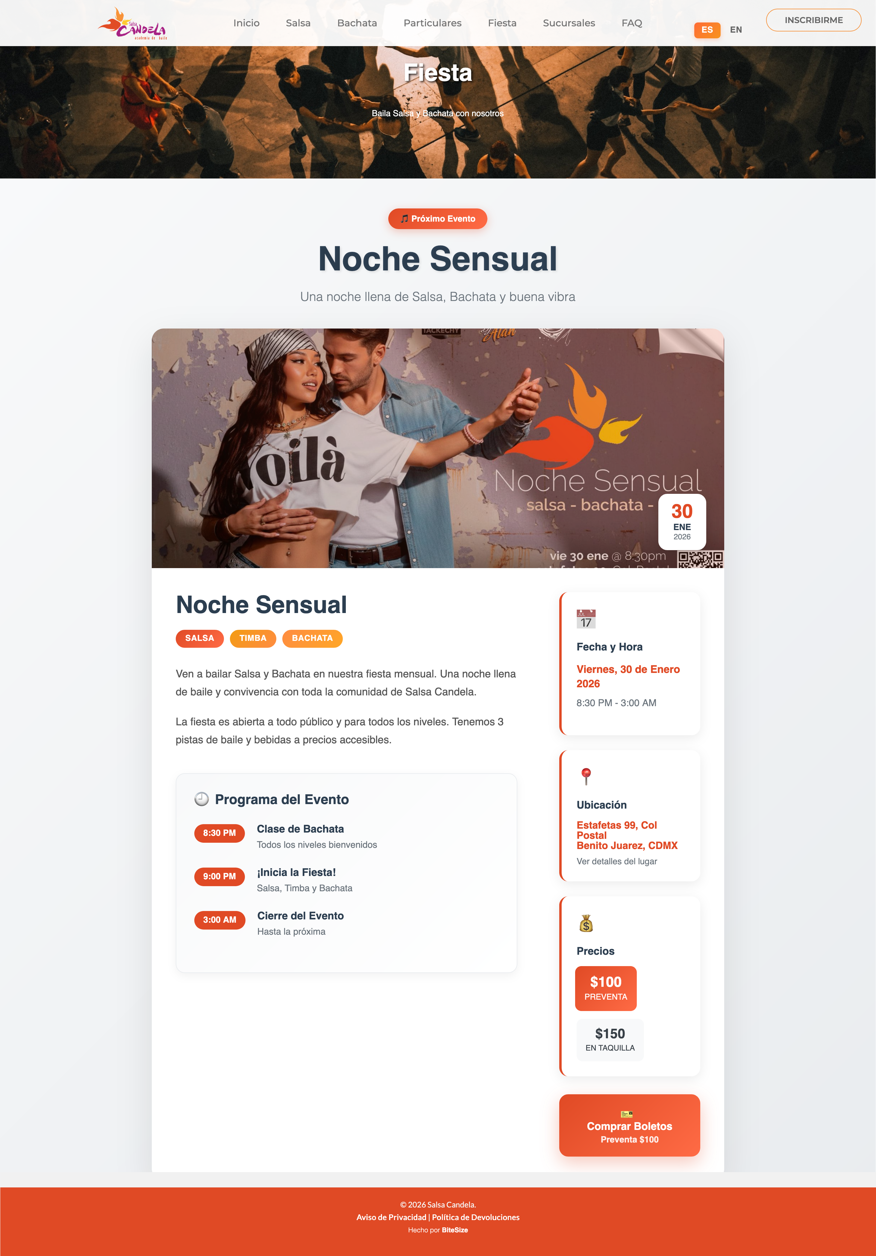 Party event page showing full schedule, pricing, and location details with prominent ticket purchase button