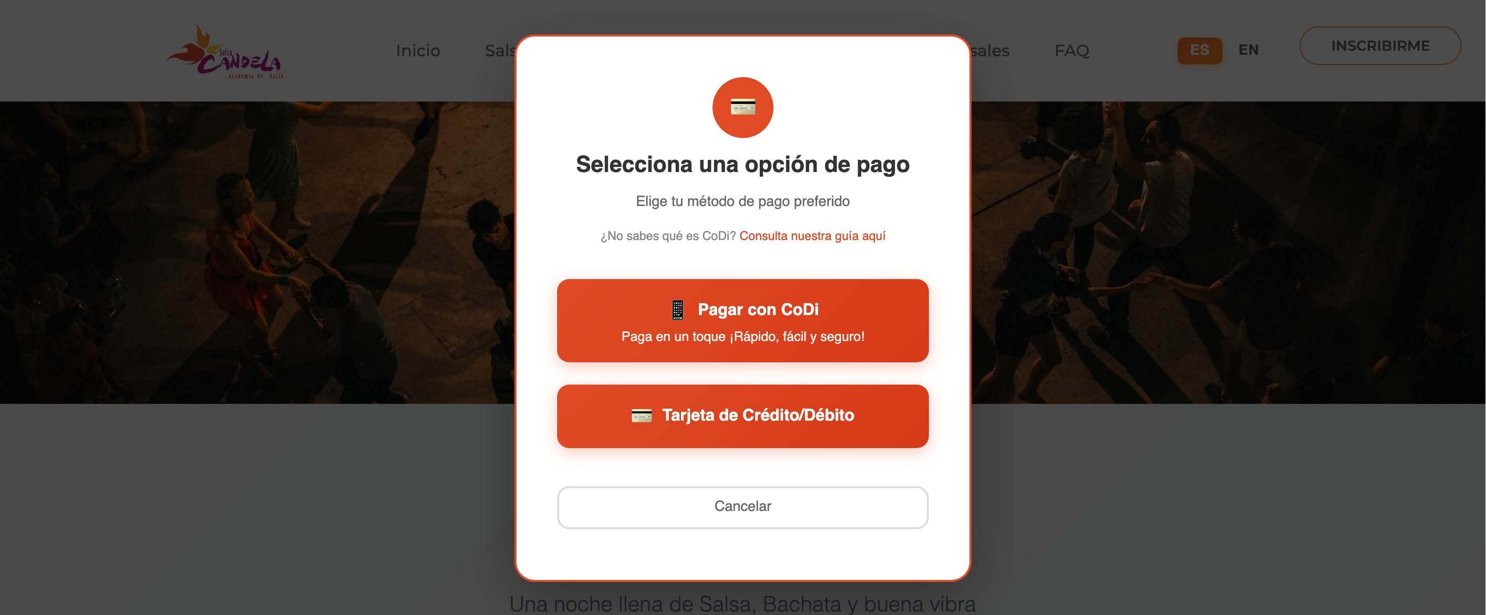 Payment method selection modal showing CoDi and credit card options with clear descriptions