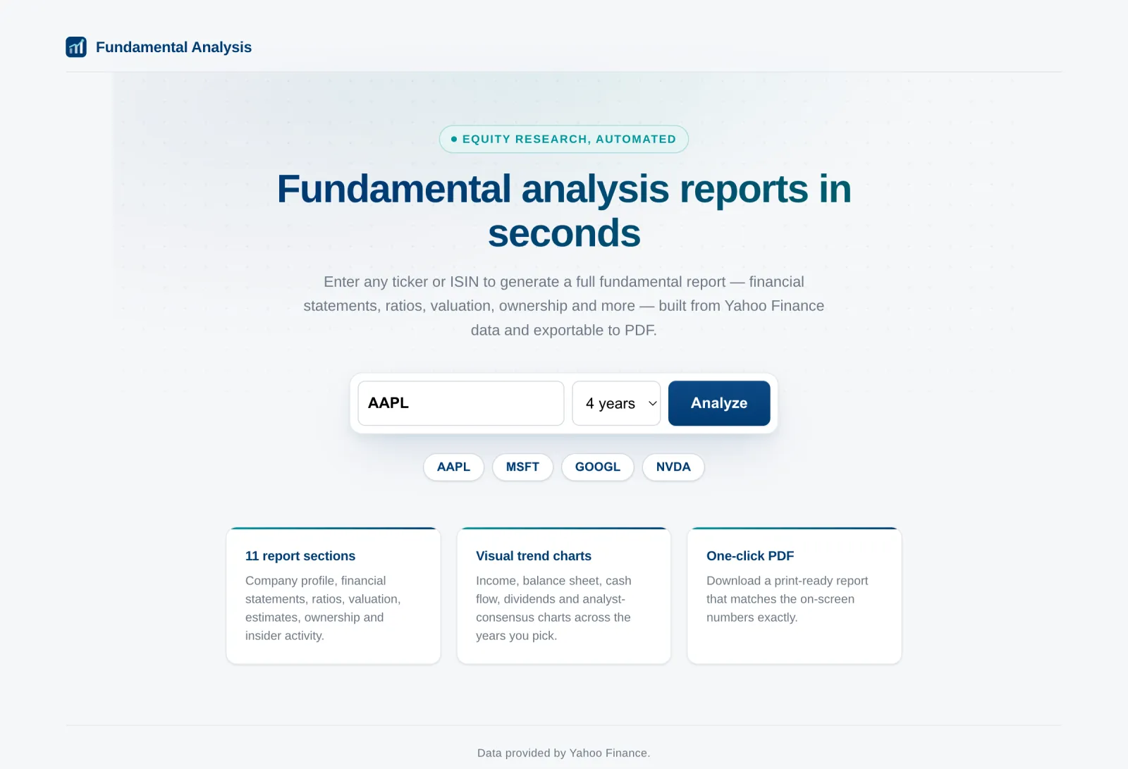 Landing page of the app with a ticker input, year selector and example tickers