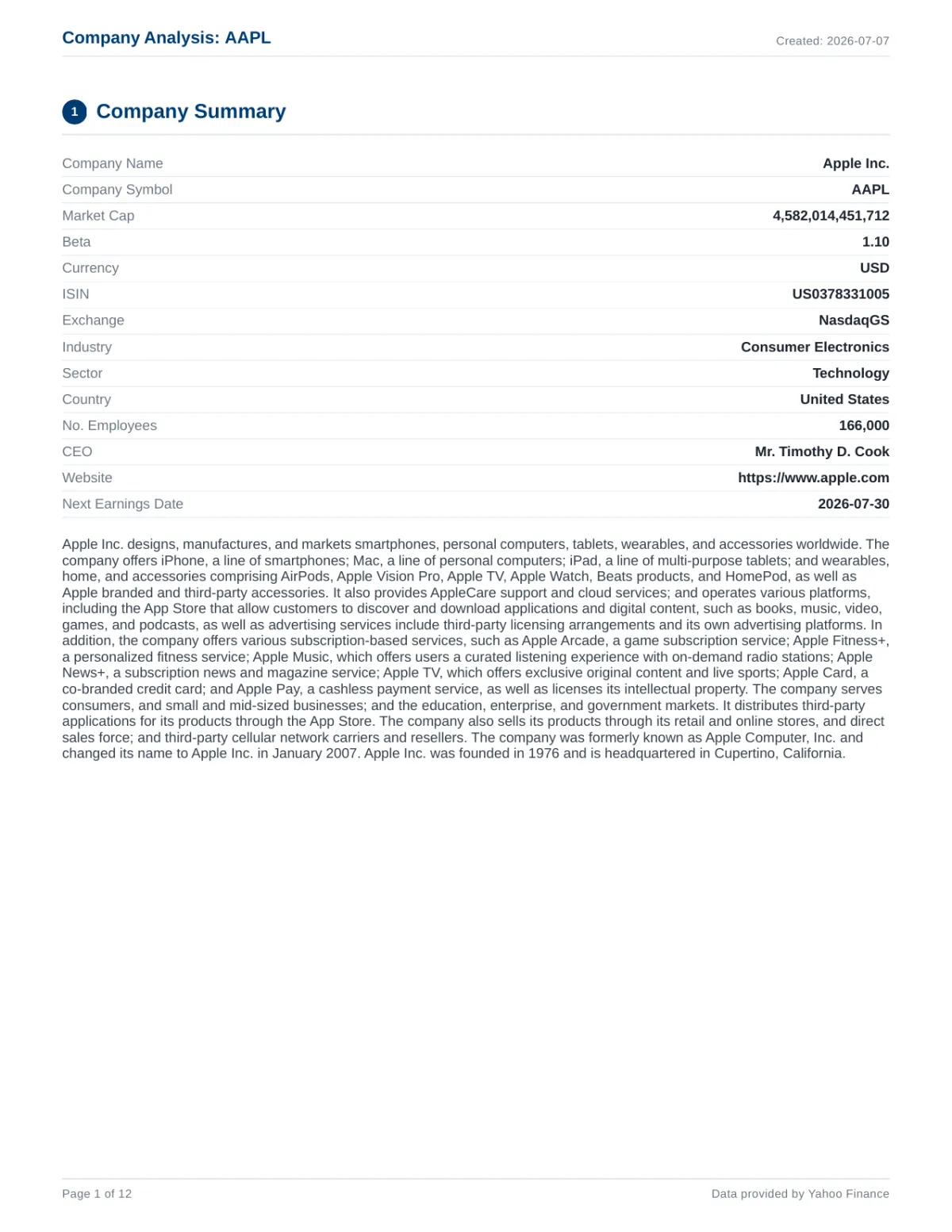 First page of the generated PDF report showing the company summary for Apple